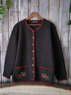 Vintage 80s Wool Cardigan Jacket Mallard Duck Embroidered Coat L Item & Co